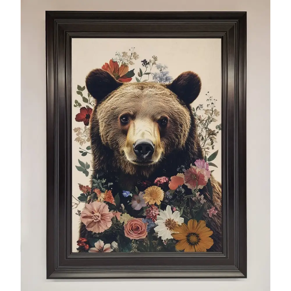 Brown Grizzly Bear Floral Framed Print - A1 (59.4 x 84.1 cm) / Matt Black - Framed Print