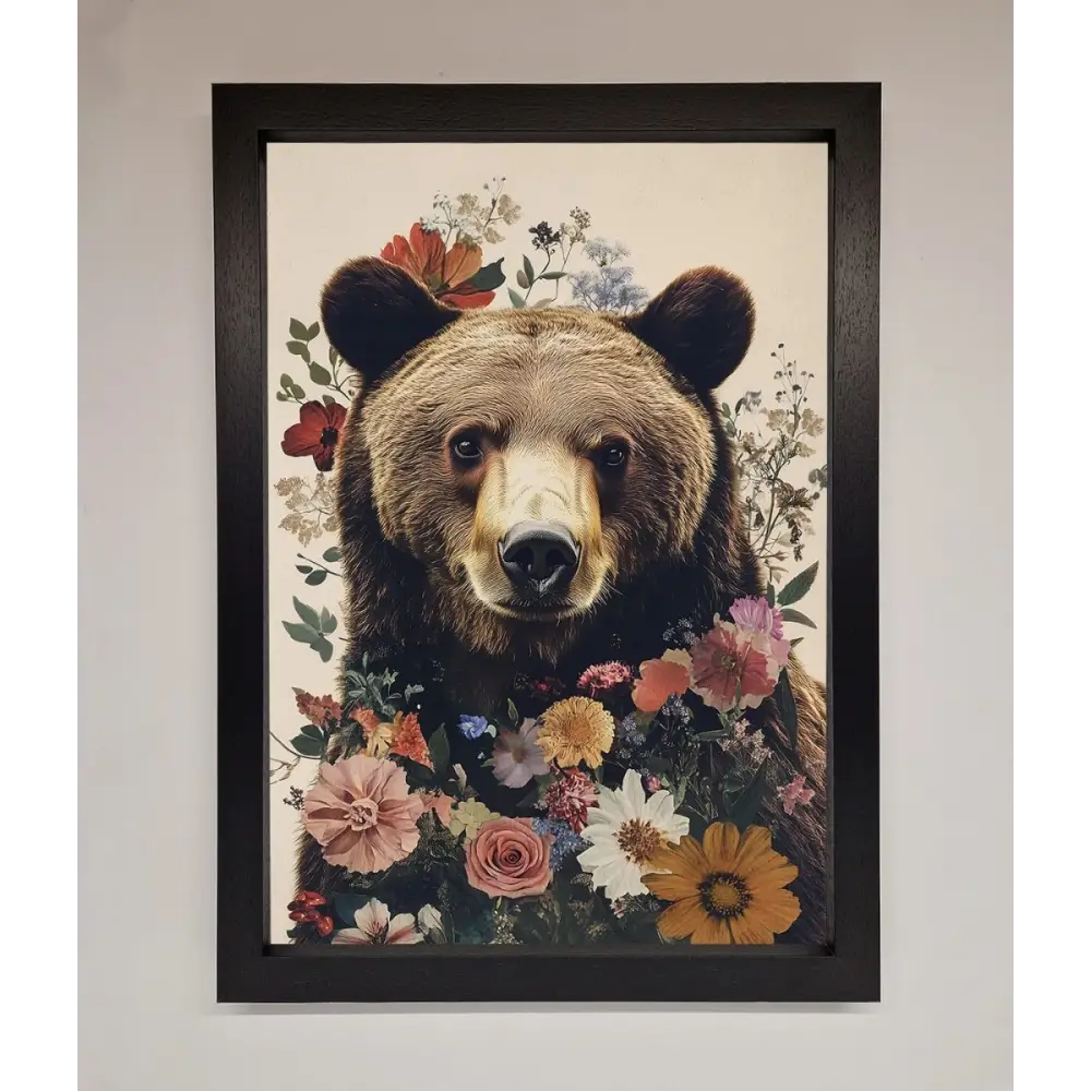 Brown Grizzly Bear Floral Framed Print - A3 (29.7 x 42 cm) / Black - Framed Print