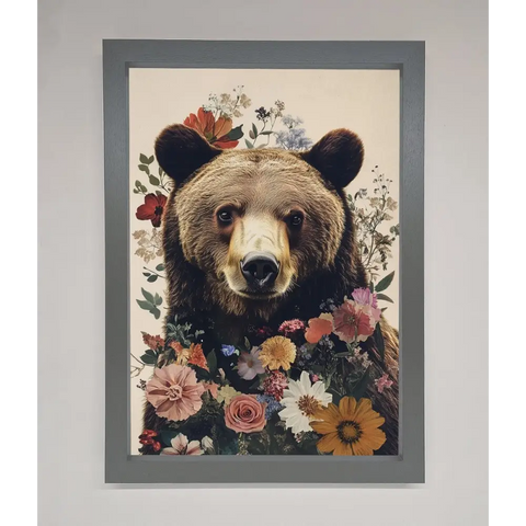 Brown Grizzly Bear Floral Framed Print - A3 (29.7 x 42 cm) / Dark Grey - Framed Print
