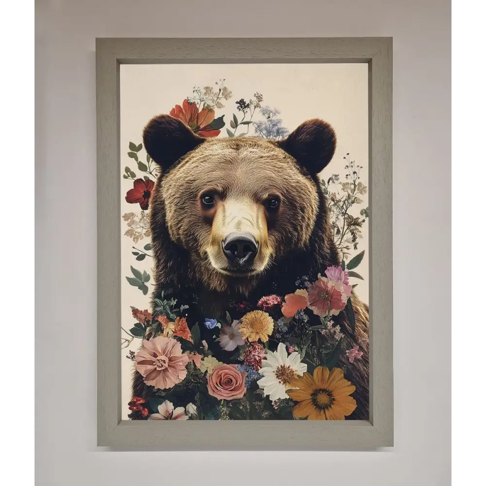 Brown Grizzly Bear Floral Framed Print - A3 (29.7 x 42 cm) / Grey - Framed Print
