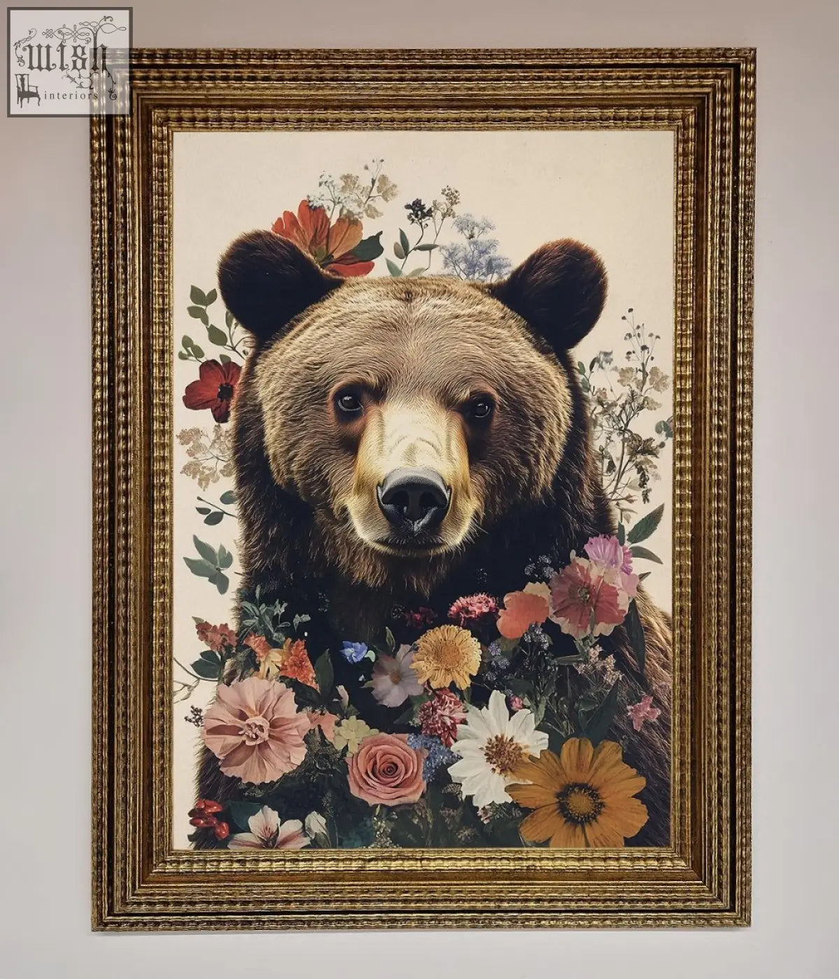 A brown grizzly bear floral framed print with colorful flowers in an ornate gold-colored frame