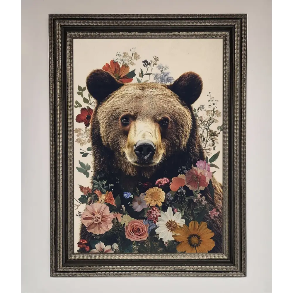Brown Grizzly Bear Floral Framed Print - A3 (29.7 x 42 cm) / Ornate Silver Black - Framed Print