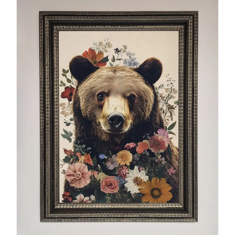 Brown Grizzly Bear Floral Framed Print - A3 (29.7 x 42 cm) / Ornate Silver Black - Framed Print