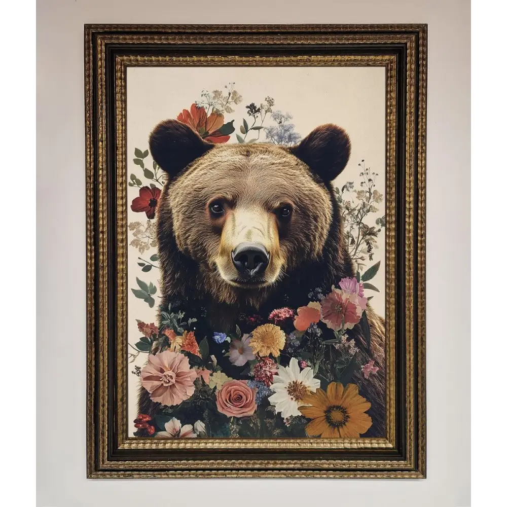 Brown Grizzly Bear Floral Framed Print - A3 (29.7 x 42 cm) / Ornate Gold Black - Framed Print