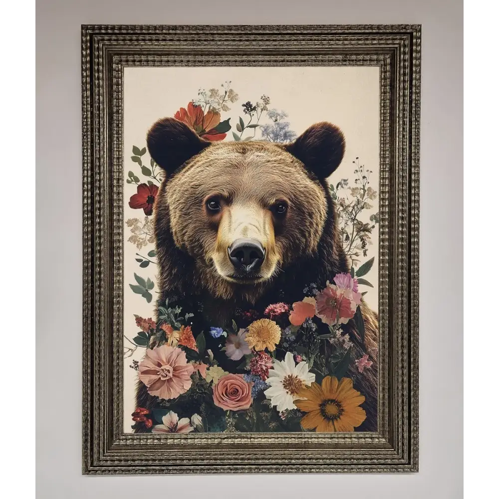 Brown Grizzly Bear Floral Framed Print - A3 (29.7 x 42 cm) / Ornate Silver - Framed Print