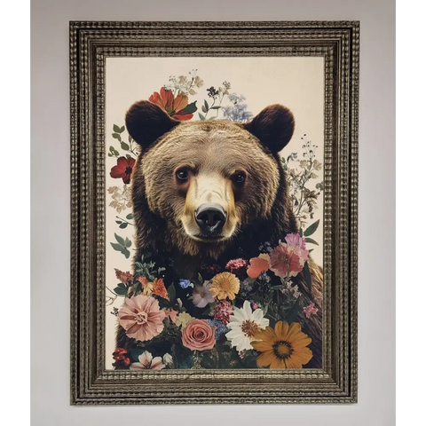 Brown Grizzly Bear Floral Framed Print - A3 (29.7 x 42 cm) / Ornate Silver - Framed Print