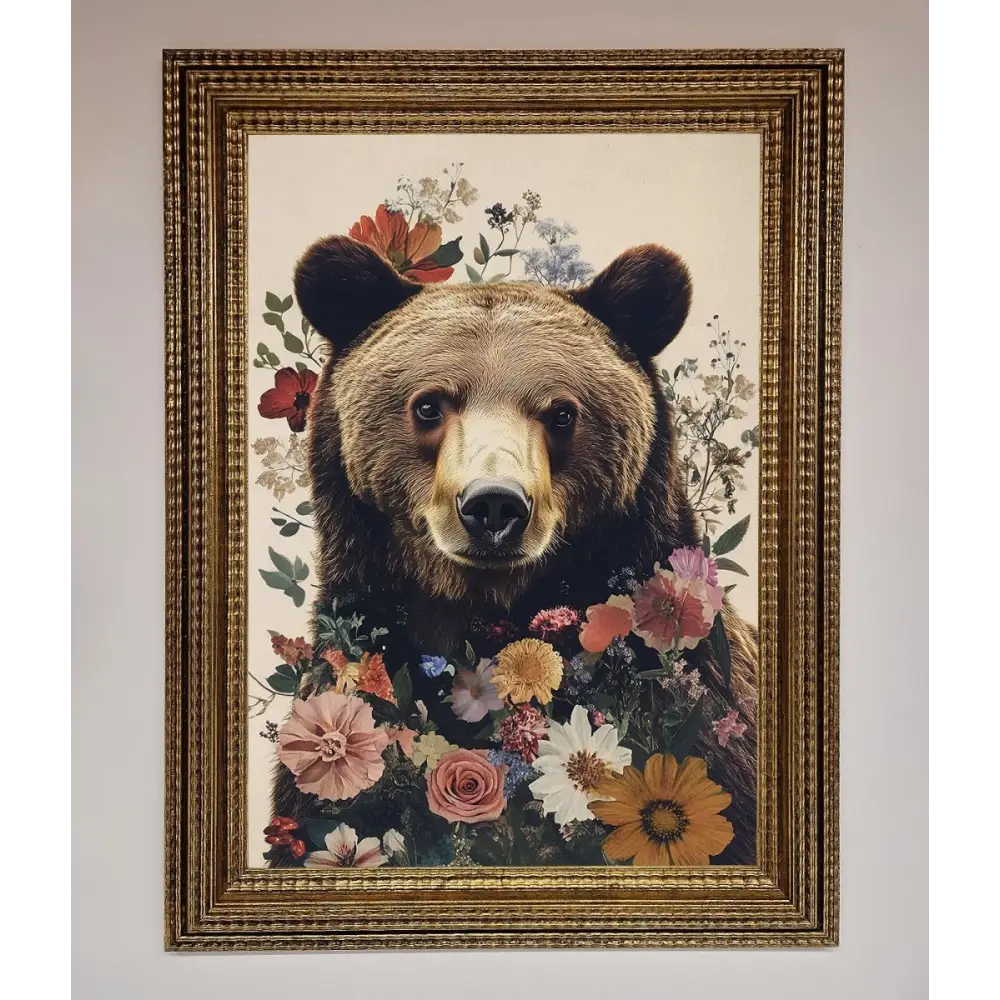 Brown Grizzly Bear Floral Framed Print - A3 (29.7 x 42 cm) / Ornate Gold - Framed Print