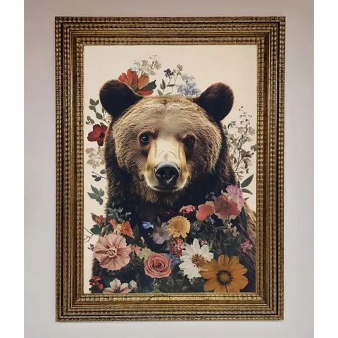 Brown Grizzly Bear Floral Framed Print - A3 (29.7 x 42 cm) / Ornate Gold - Framed Print