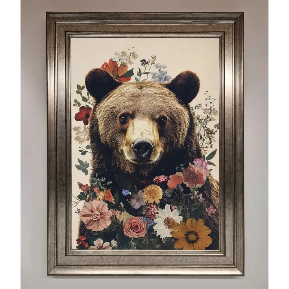 Brown Grizzly Bear Floral Framed Print - A3 (29.7 x 42 cm) / Silver - Framed Print