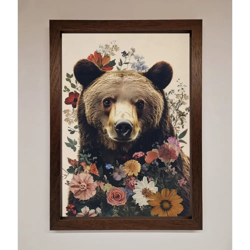 Brown Grizzly Bear Floral Framed Print - A3 (29.7 x 42 cm) / Walnut - Framed Print