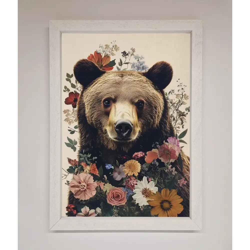 Brown Grizzly Bear Floral Framed Print - A3 (29.7 x 42 cm) / White - Framed Print