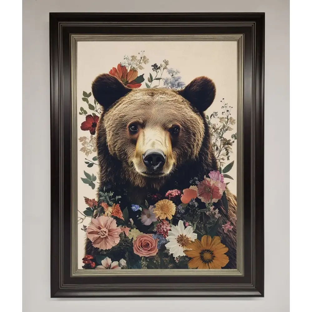 Brown Grizzly Bear Floral Framed Print - B0 (100 x 141 cm) / Black Silver - Framed Print