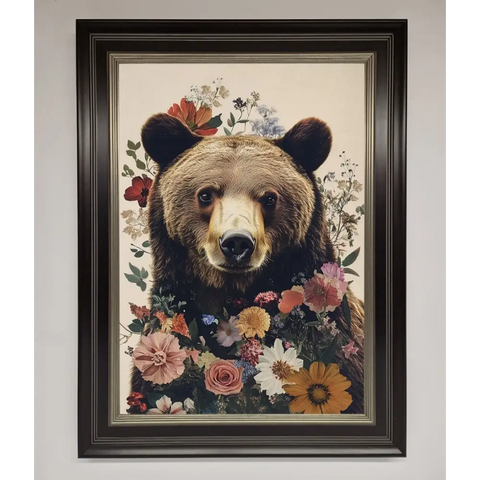 Brown Grizzly Bear Floral Framed Print - B0 (100 x 141 cm) / Black Silver - Framed Print