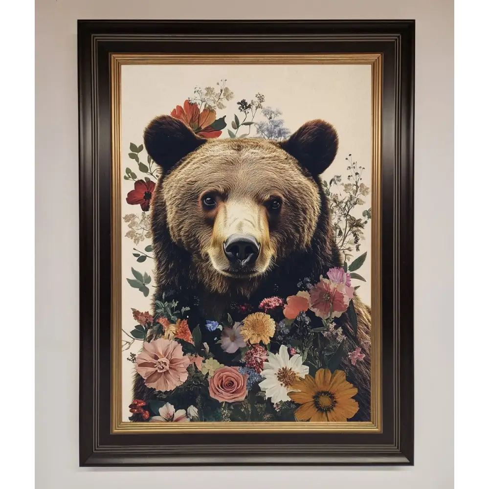 Brown Grizzly Bear Floral Framed Print - B0 (100 x 141 cm) / Black Gold - Framed Print