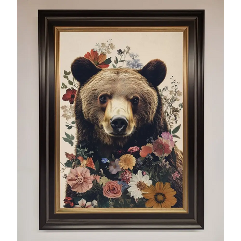 Brown Grizzly Bear Floral Framed Print - B0 (100 x 141 cm) / Black Gold - Framed Print