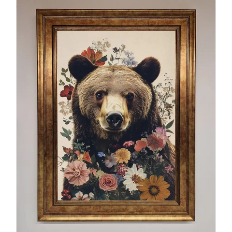 Brown Grizzly Bear Floral Framed Print - B0 (100 x 141 cm) / Bronze - Framed Print