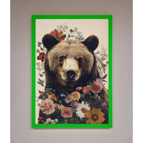 Brown Grizzly Bear Floral Framed Print - B0 (100 x 141 cm) / Neon Dark Green - Framed Print