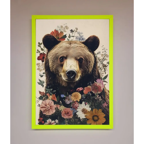 Brown Grizzly Bear Floral Framed Print - B0 (100 x 141 cm) / Neon Green - Framed Print