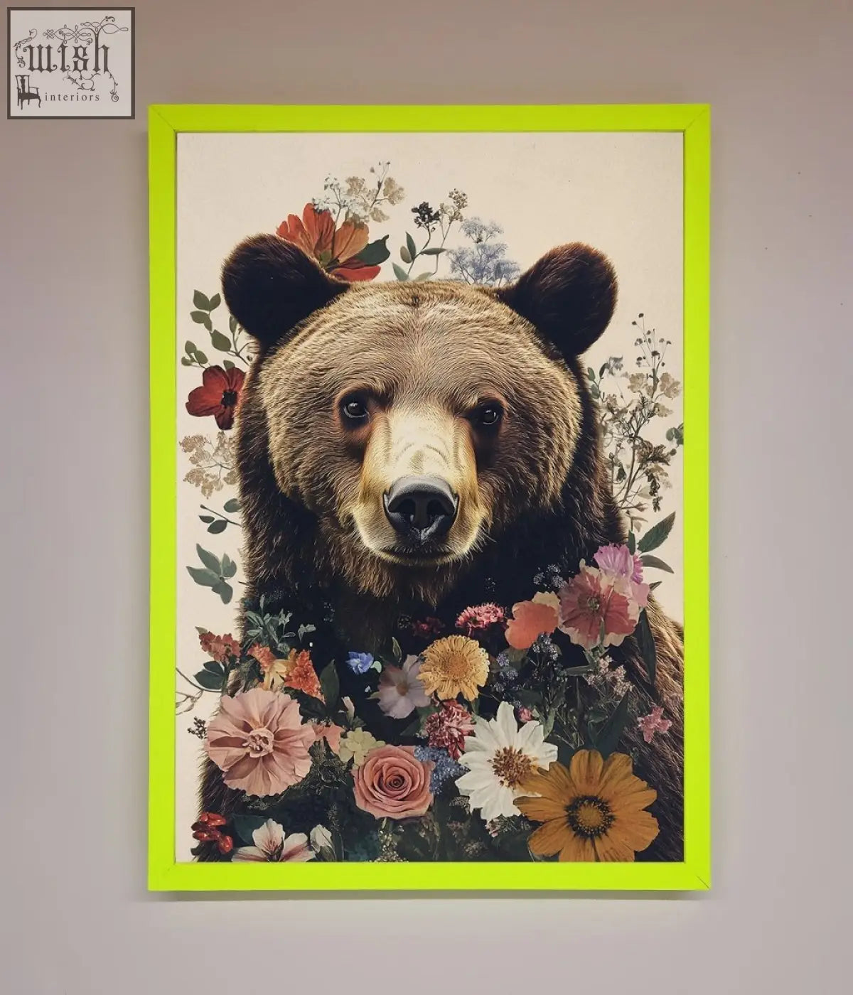 A brown grizzly bear floral framed print with colorful pastel flowers and a bright neon green border