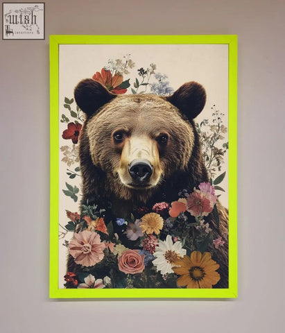 A brown grizzly bear floral framed print with colorful pastel flowers and a bright neon green border