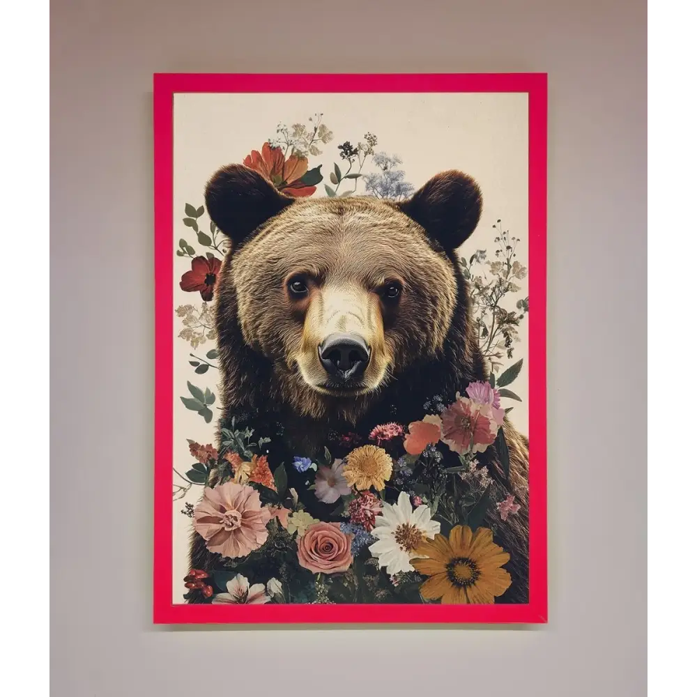 Brown Grizzly Bear Floral Framed Print - B0 (100 x 141 cm) / Neon Pink - Framed Print