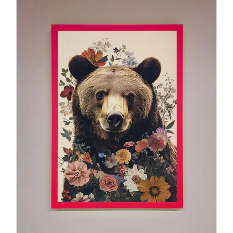 Brown Grizzly Bear Floral Framed Print - B0 (100 x 141 cm) / Neon Pink - Framed Print