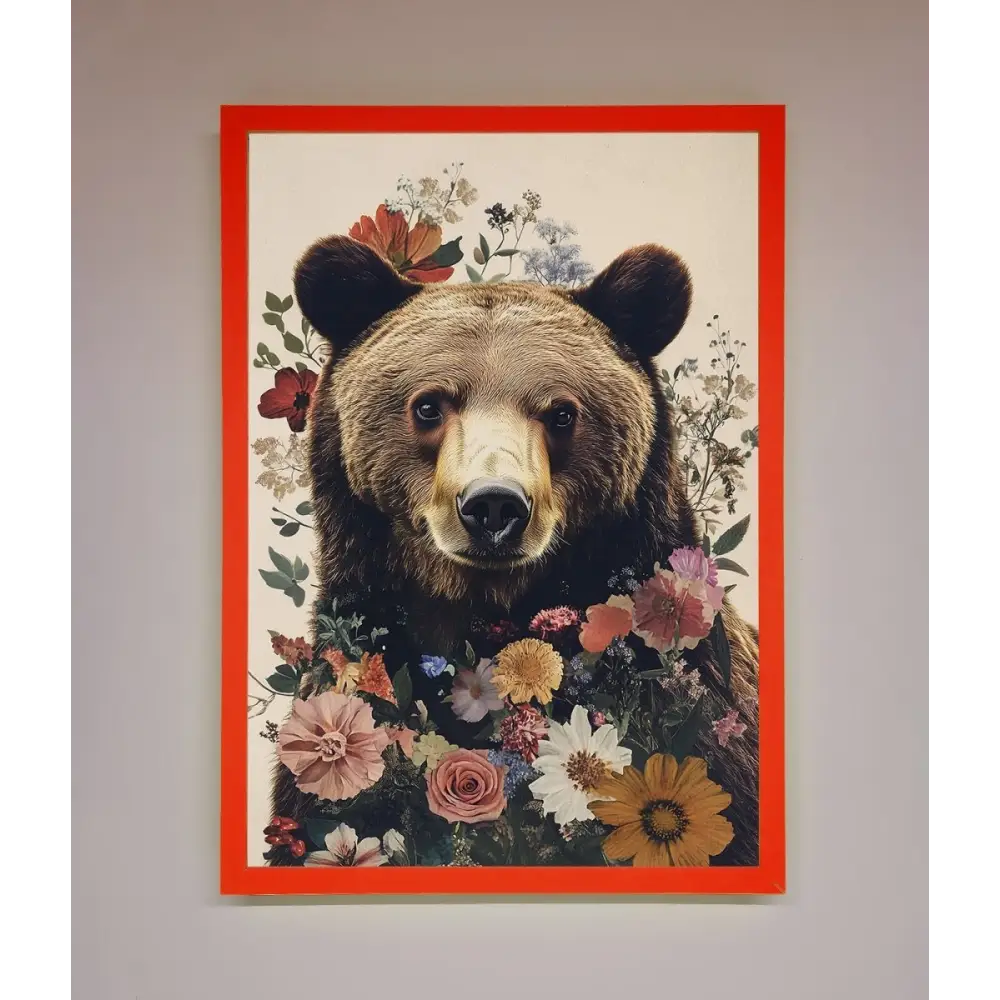 Brown Grizzly Bear Floral Framed Print - B0 (100 x 141 cm) / Neon Red - Framed Print