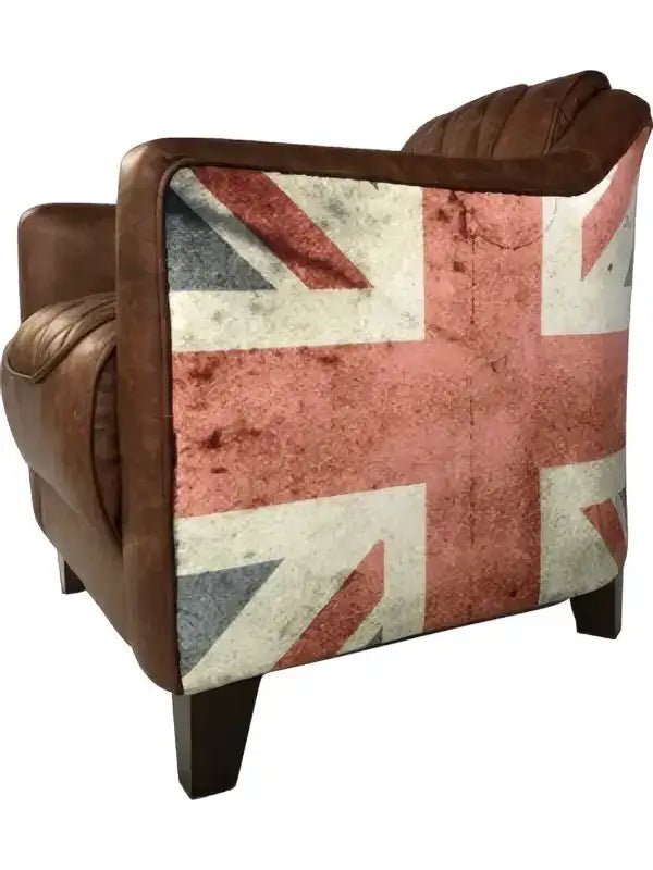 Brown leather armchair with a distressed union jack flag pattern on the backrest.
