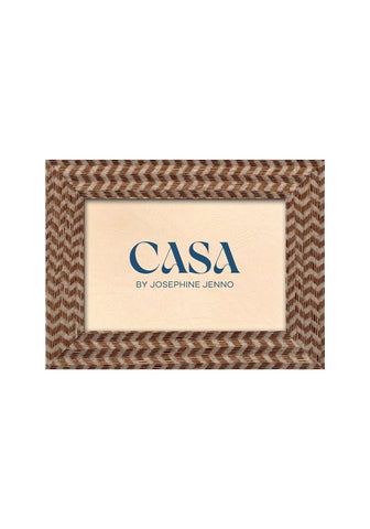 Brown marquetry patterned photo frame 6x4 with woven texture beige mat and blue casa by josephine jenno logo