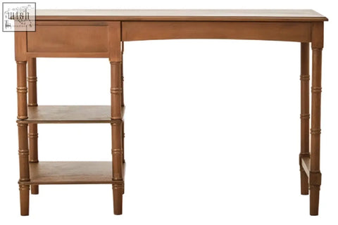 Brown pine wood console table with curved top turned legs one storage drawer and open shelves on left side