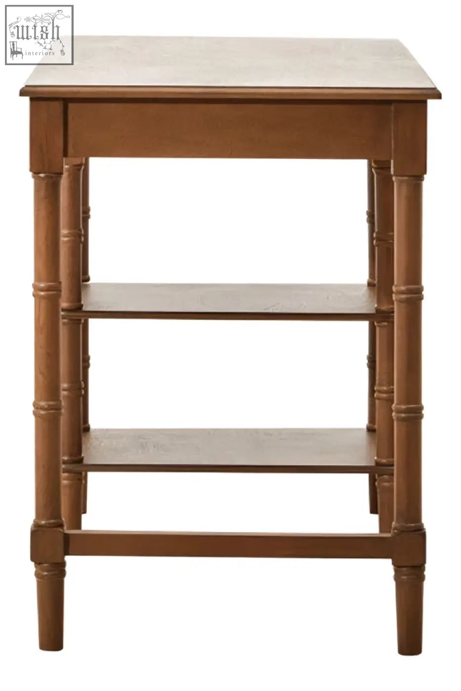 Brown pine wood console table with a warm brown finish featuring one storage drawer and two shelves in pine wood