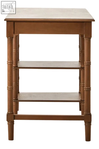 Brown pine wood console table with a warm brown finish featuring one storage drawer and two shelves in pine wood