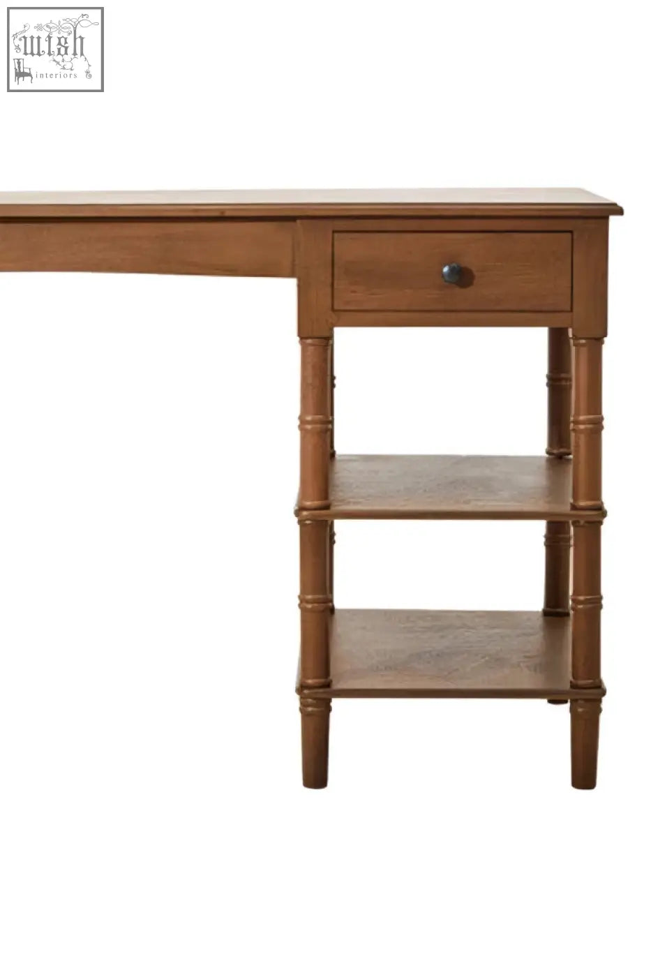Brown pine wood console table with bamboo-style legs single drawer and three open shelves for storage and display
