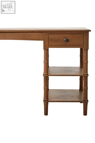 Brown pine wood console table with bamboo-style legs single drawer and three open shelves for storage and display