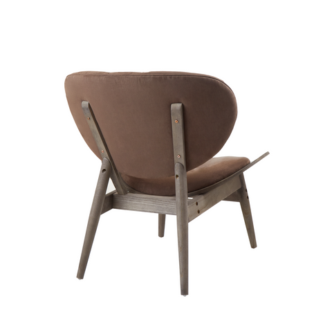 Brown velvet lounge chair with sleek modern design and dark elm wood frame featuring light gray legs