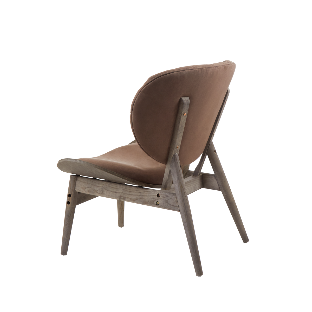 Brown velvet chair with dark elm wood frame featuring sleek minimalist design and light gray wooden legs