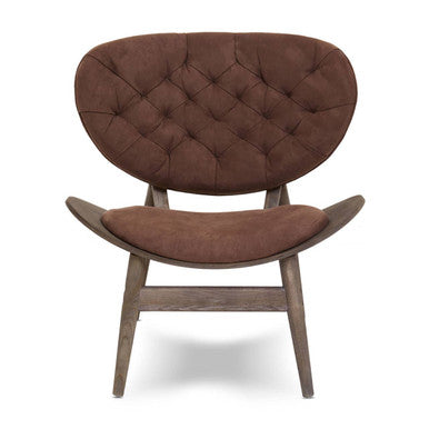 Brown velvet chair with dark elm curved wooden frame and tufted design perfect for cozy seating