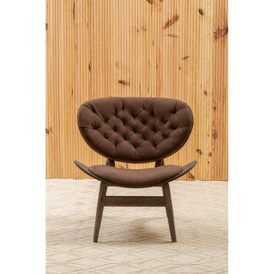 Brown tufted leather armchair with curved dark elm wood legs featuring a brown velvet elm wood frame by vinsi