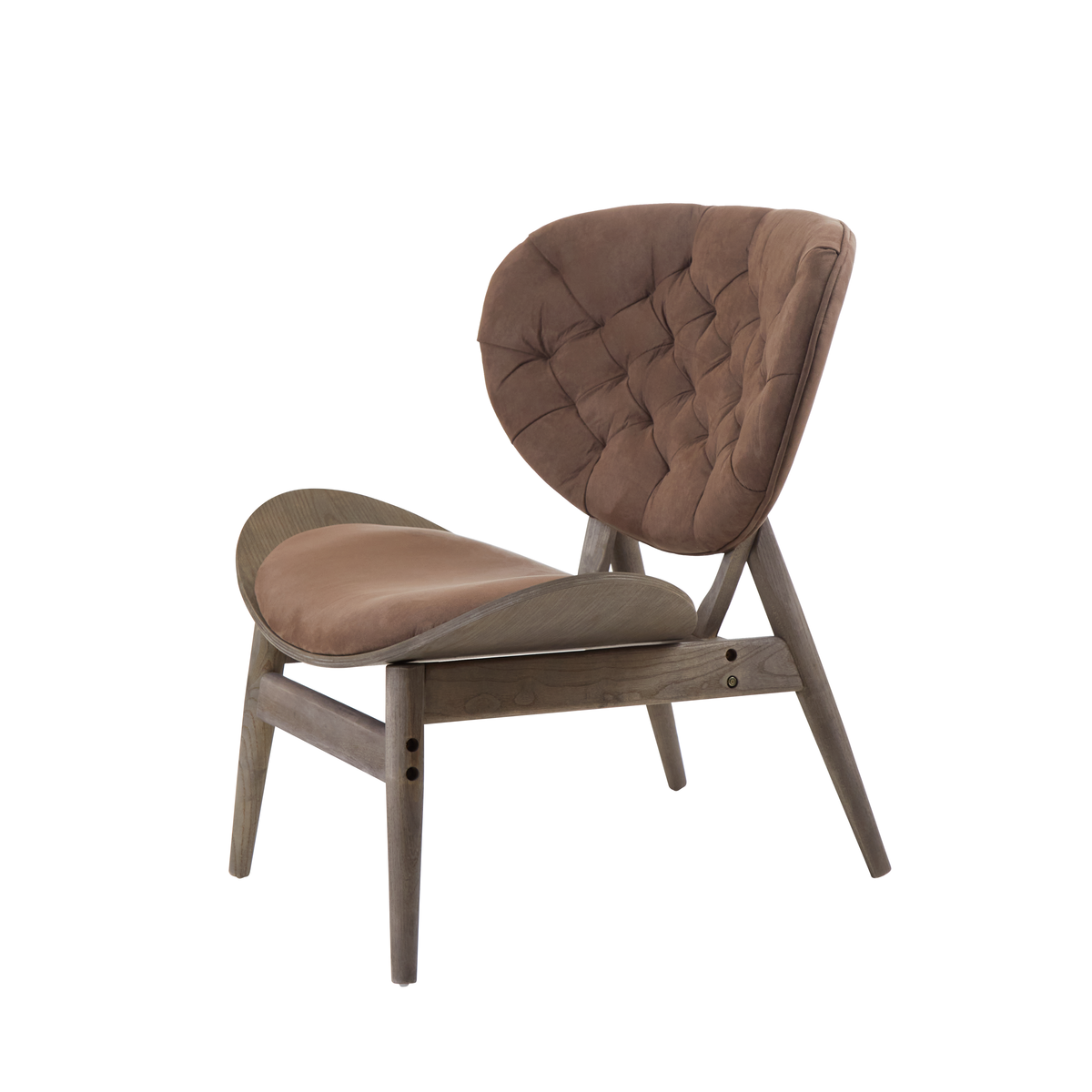 Brown tufted velvet armchair with a curved dark elm wood frame perfect for stylish comfy seating