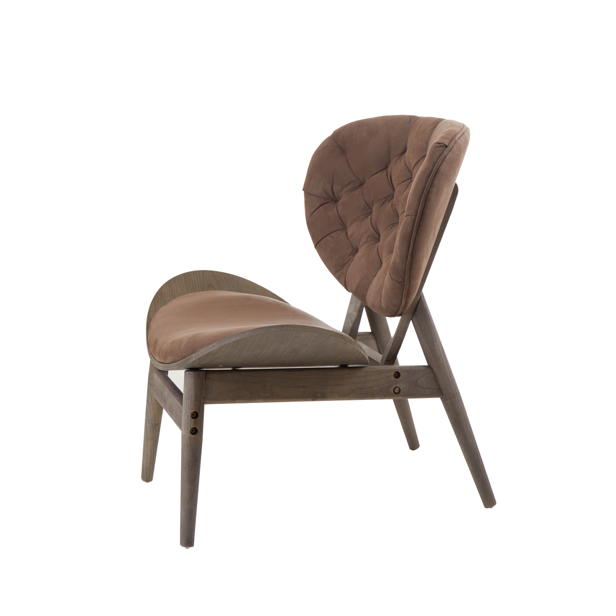 A modern brown velvet chair with a tufted seat and sleek dark elm wood frame by vinsi