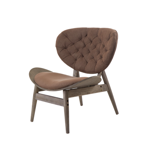 Brown velvet chair with dark elm wood frame featuring a brown tufted leather armchair and curved elm wood design