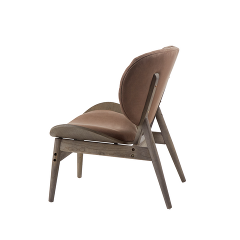 Brown velvet chair with sleek dark elm wood frame and brown leather upholstery by vinsi