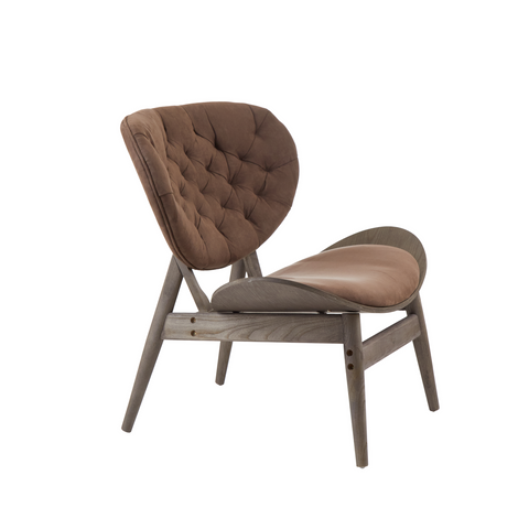 Brown tufted leather armchair with dark elm wood frame combining comfort and style for any living space