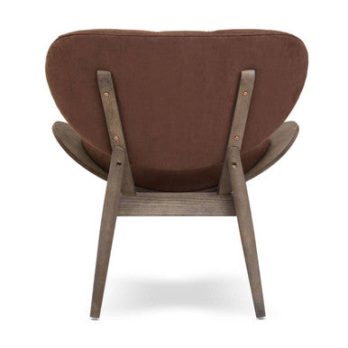 Brown velvet chair with dark elm wood frame featuring curved backrest and wooden legs by vinsi