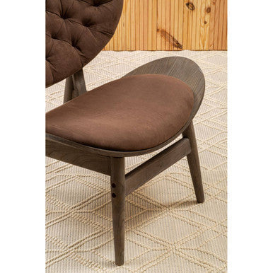 Brown velvet chair with dark elm wood frame and tufted upholstery for stylish comfortable seating