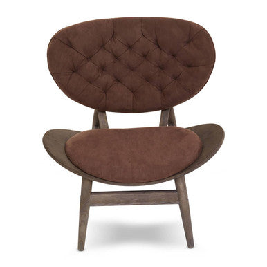 Brown velvet chair with dark elm wood frame and curved wooden armrests for cozy seating by vinsi