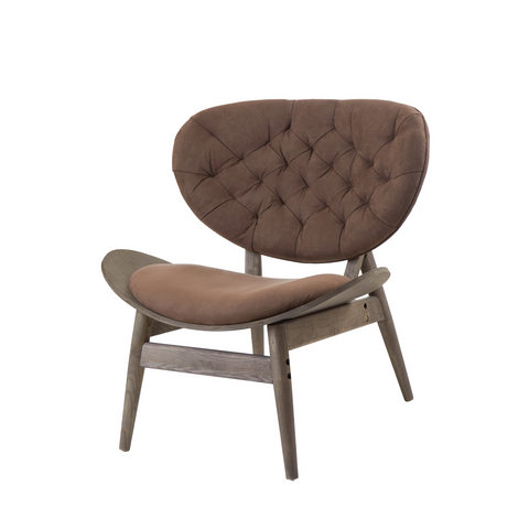 Brown velvet chair with dark elm wood frame featuring a curved tufted armchair and matching cushion from vinsi