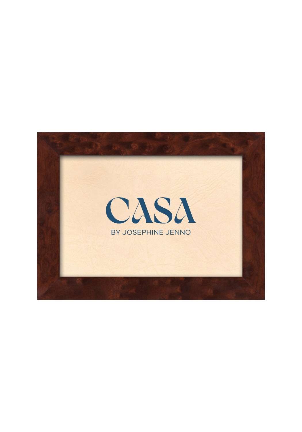 Brown wooden photo frame 6x4 with a textured finish and cream mat featuring the blue casa by josephine janno logo