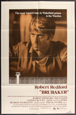 Vintage sepia-toned brubaker 1980 original us one sheet movie poster featuring robert redford