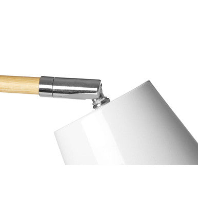 Bruin white table lamp with white metal conical shade, polished chrome joint, and light wood handle